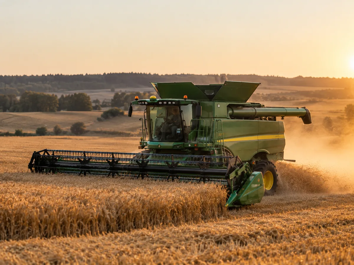 Combine harvester working in a wheat field