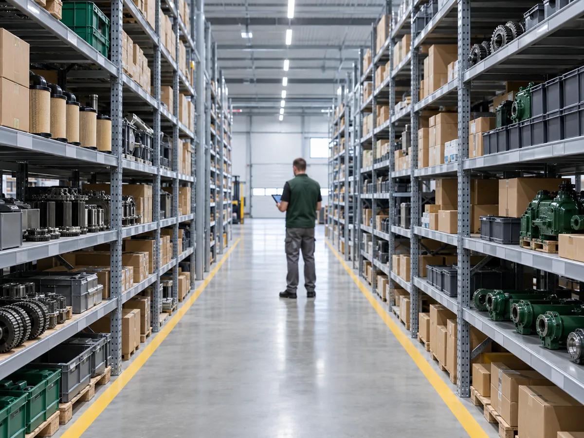 Warehouse aisle with parts sorted on shelves